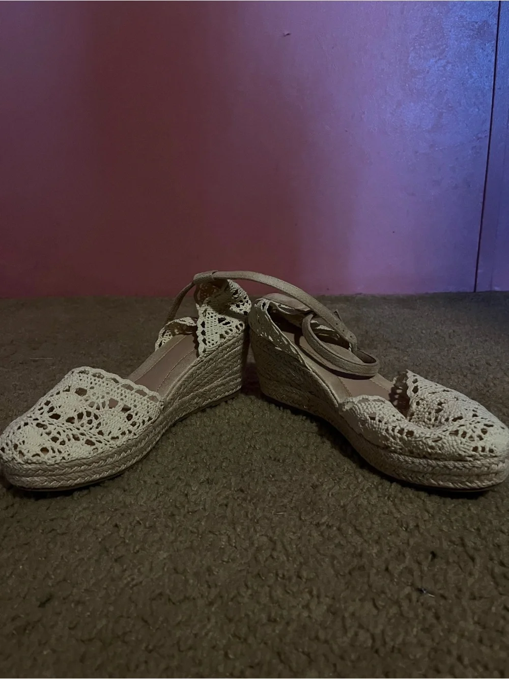 Tan and Cream Lace up Espadrille Wedges
